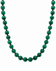 This necklace features malachite beads that measure 8mm each in diameter. This 16 inch strand is finished with a sterling silver magnetic clasp.