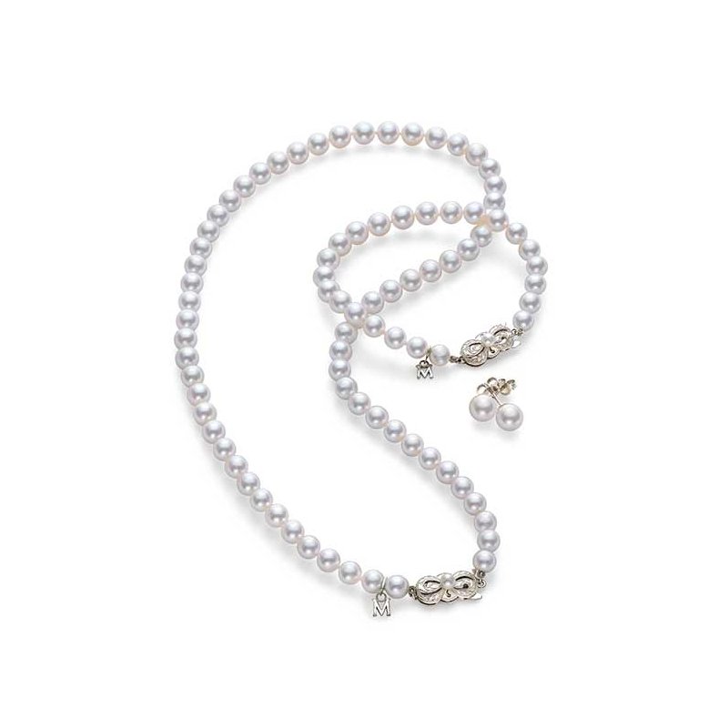 Mikimoto 18k White Gold 7mm Akoya Three Piece Set With Necklace, Bracelet, And Earrings