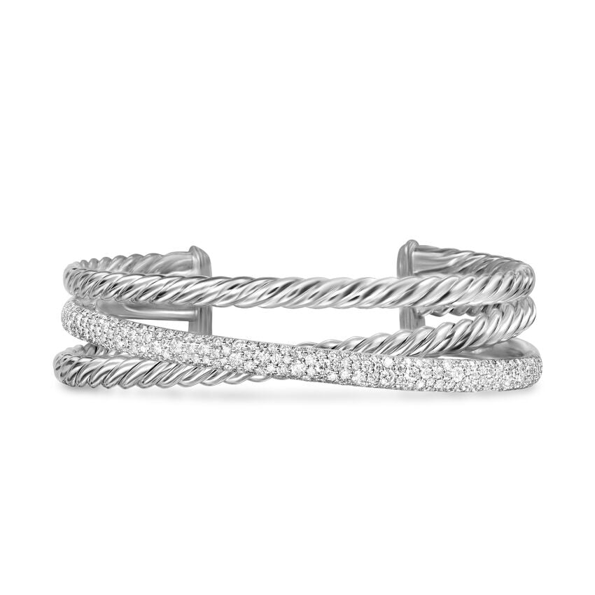 David Yurman Crossover Three Row Cuff Bracelet In Sterling Silver With Diamonds, 20mm