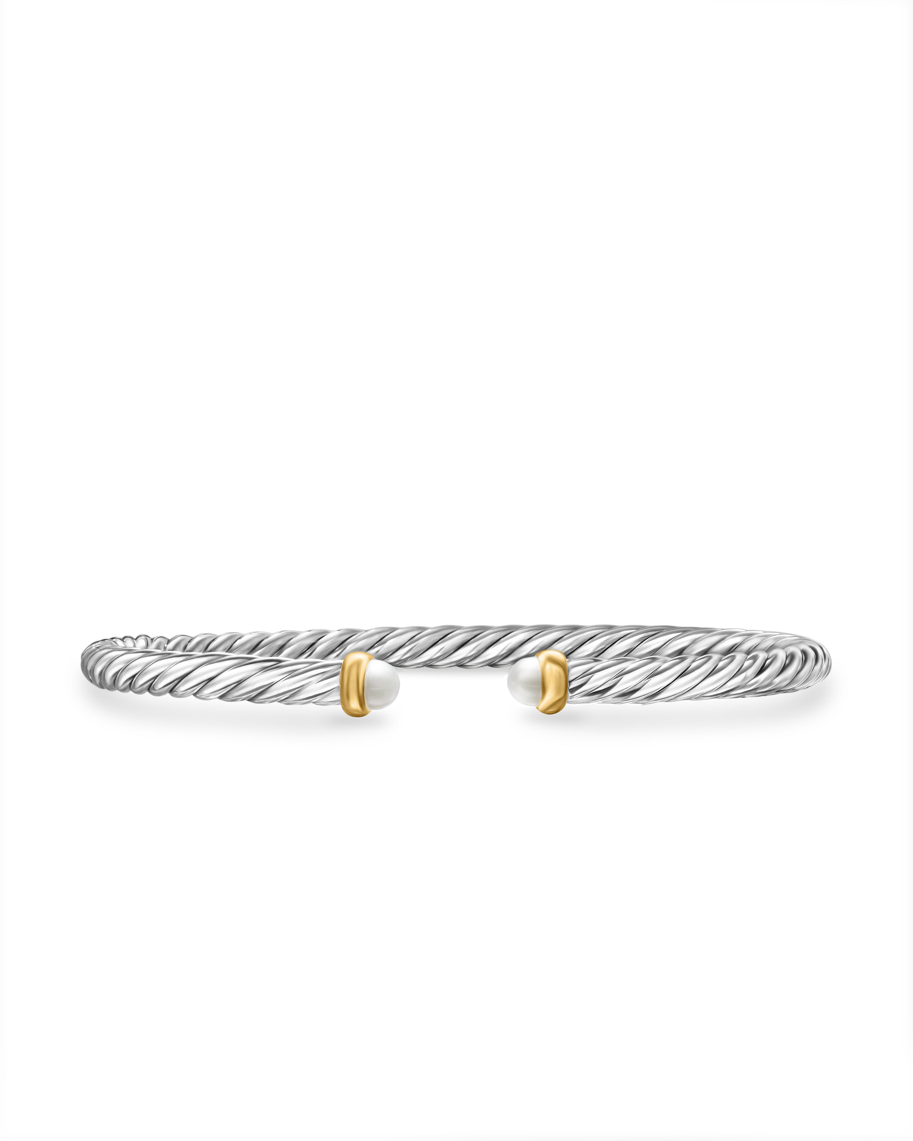 David Yurman Cable Flex Bracelet In Sterling Silver With 14k Yellow Gold And Pearls, 4mm