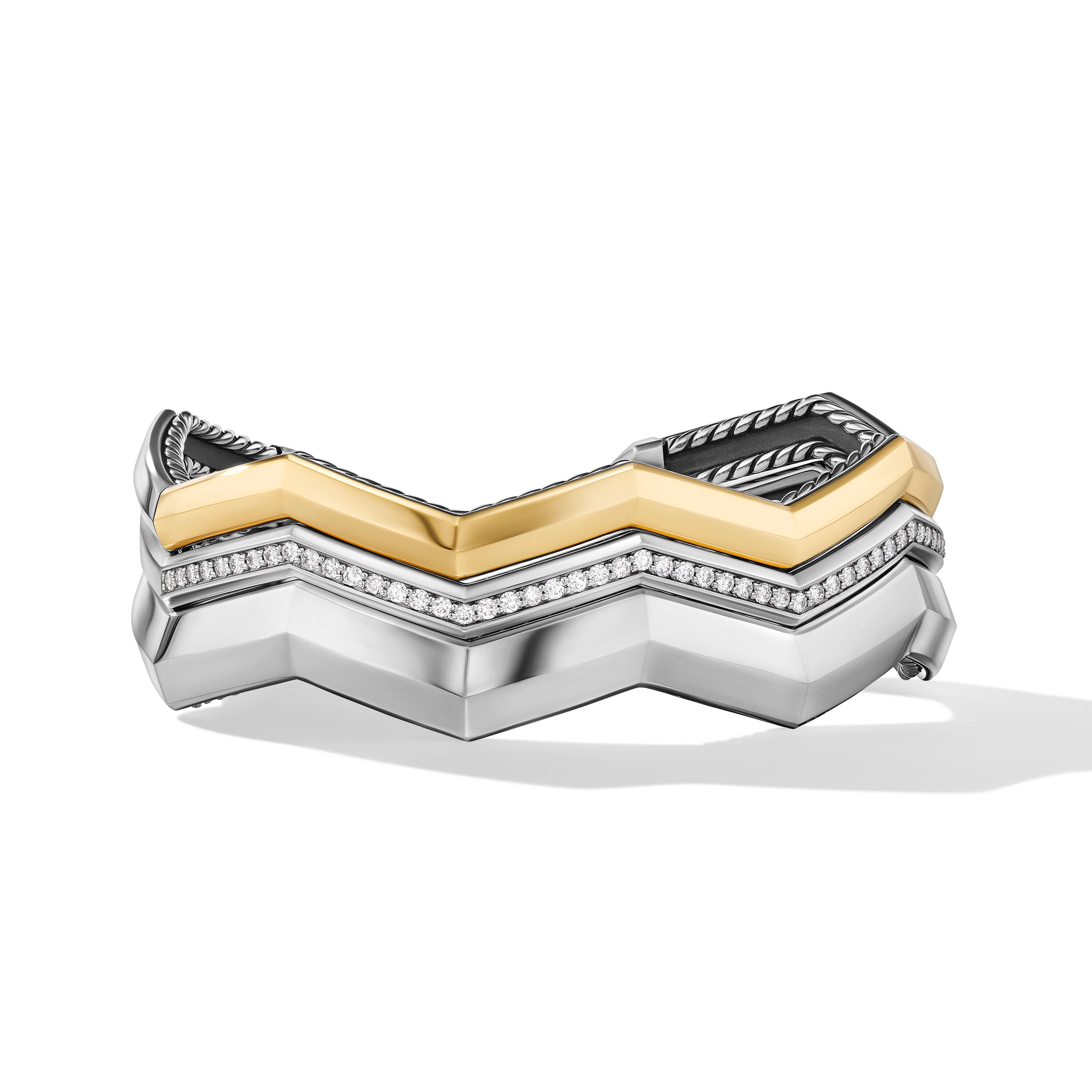 David Yurman Zig Zag Stax™ Three Row Cuff Bracelet In Sterling Silver With 18k Yellow Gold And Diamonds, 17.4mm