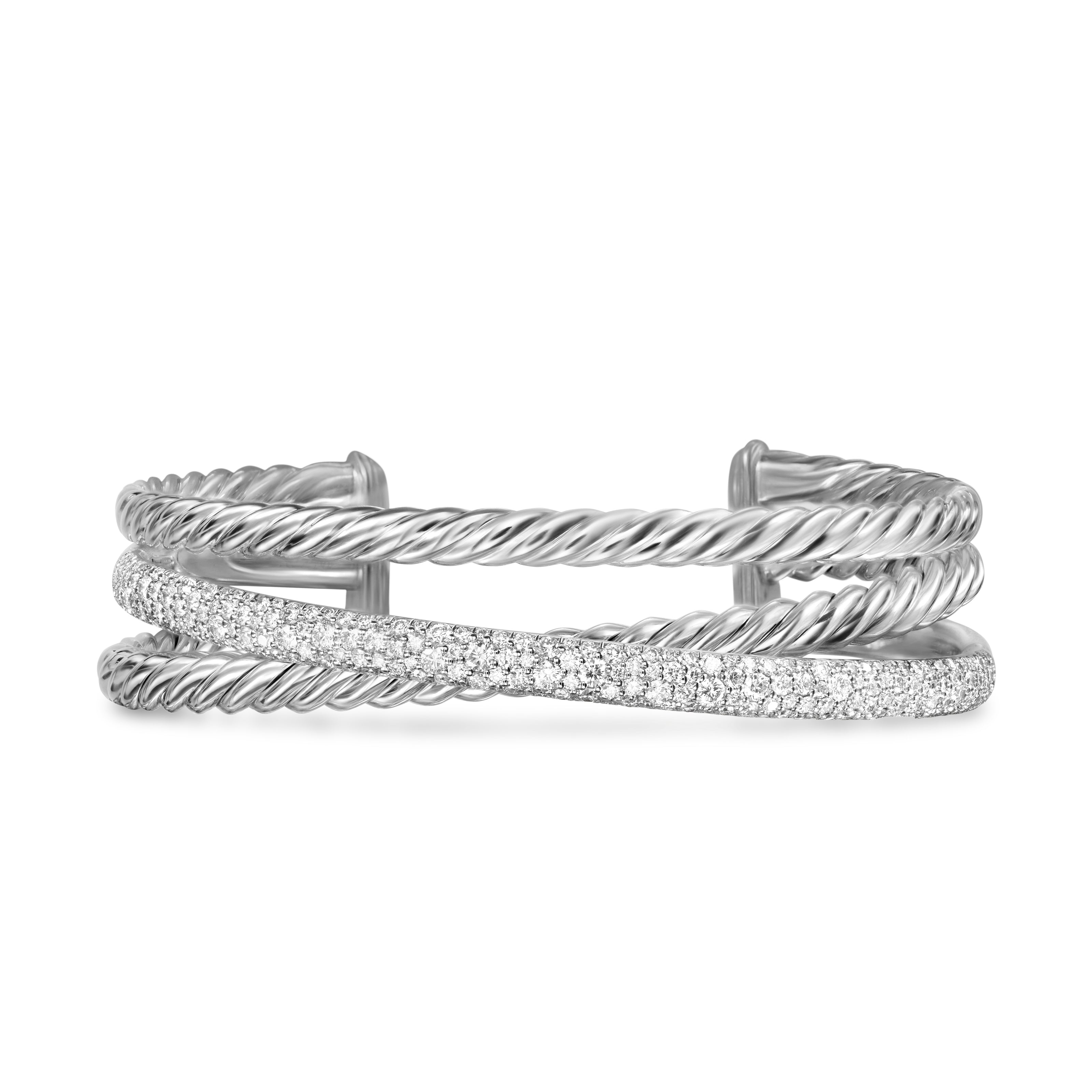 David Yurman Crossover Three Row Cuff Bracelet In Sterling Silver With Diamonds, 20mm