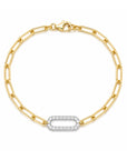 18k yellow gold paperclip bracelet with a rectangular diamond link.