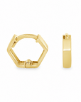 A pair of gold huggie hoop earrings shown on a clean white background, displaying both the front three-quarter view and the side profile.