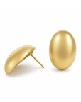 A pair of gold dome stud earrings, one shown from the front in an oval shape and the other from the side showing the dome profile and post, on a clean white background.