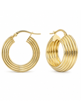 A pair of gold hoop earrings with a multi-strand concentric ring design, shown on a clean white background.