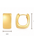 Gold huggie hoop earring shown from two angles with dimension markings: one view shows 8mm width and the other shows 10mm height, on a white background.
