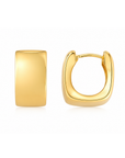 A pair of polished yellow gold huggie hoop earrings, one shown from a flat front view and the other from a side profile view, on a clean white background.