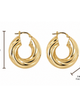 A pair of gold-toned twisted hoop earrings shown on a white background with measurement annotations indicating 26mm height and 7mm thickness.