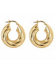 A pair of gold-toned hoop earrings with a twisted, layered spiral design, shown on a plain white background.
