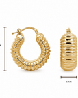 Gold hoop earrings with a ribbed, textured finish, shown on a white background with dimension markings indicating a height of 20mm and a width of 4mm.