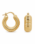 A pair of gold hoop earrings with a textured, ribbed design, shown from both front and side angles on a clean white background.