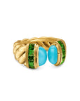 David Yurman Sculpted Cable Open Cocktail Ring In 18k Yellow Gold With Turquoise And Tsavorites, 12.4mm