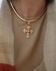 Estate 14k Yellow Gold Diamond Cross Necklace On Omega Chain