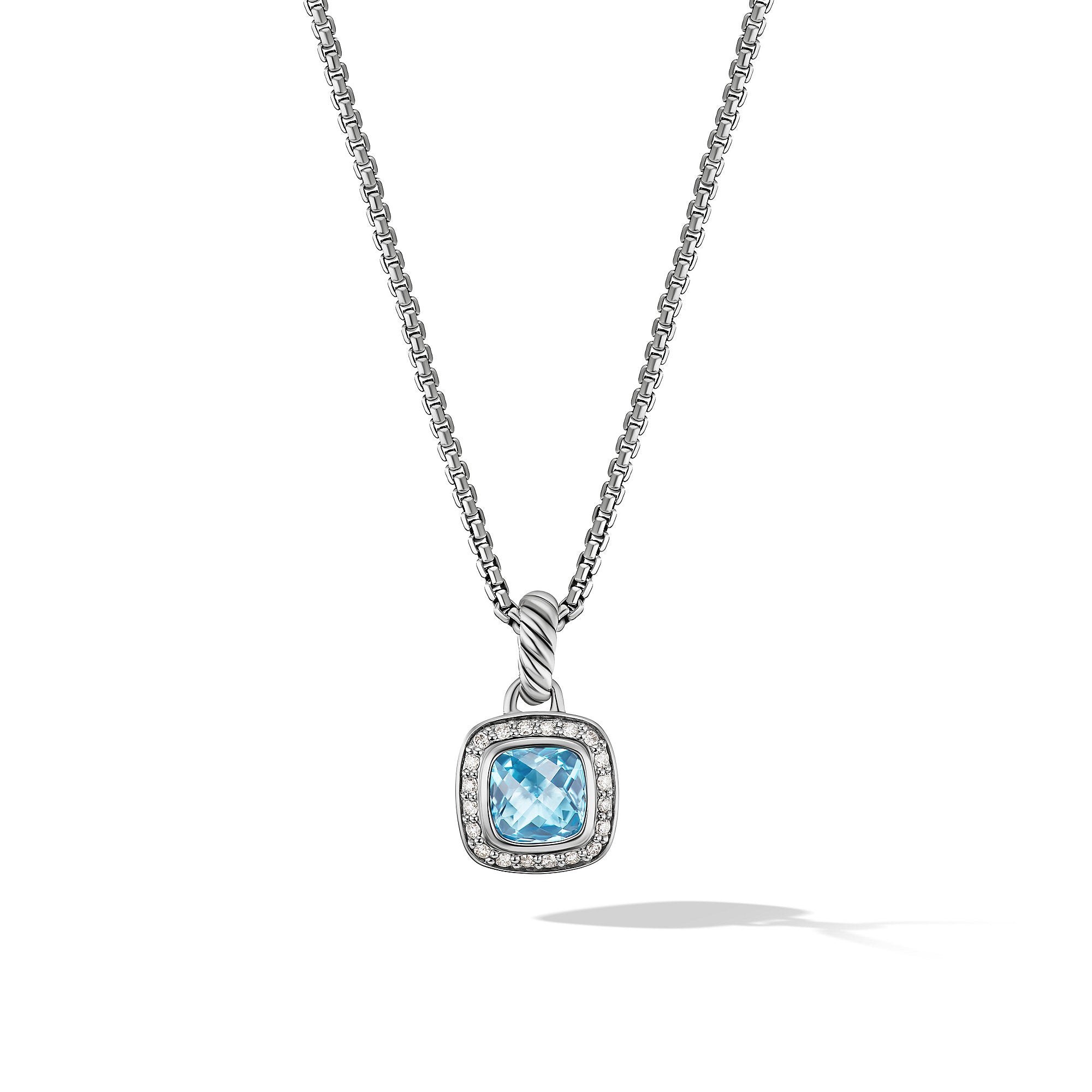 David Yurman 7 Mm Cushion Petite Albion Necklace In Sterling Silver With Faceted Blue Topaz And Diamonds
