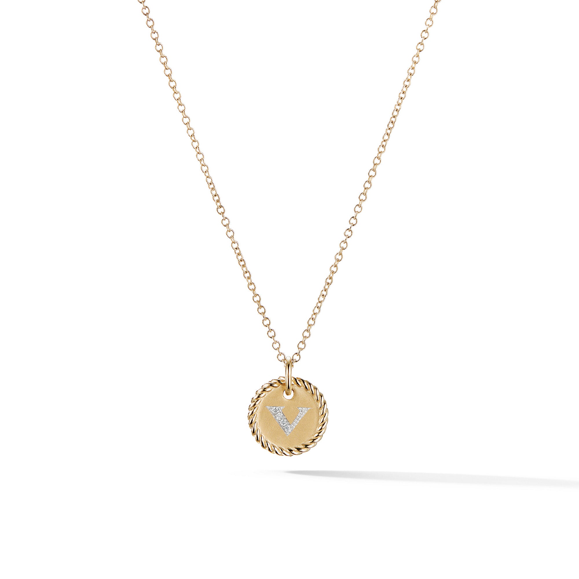 David Yurman Initial Charm Necklace In 18k Yellow Gold With Diamond V