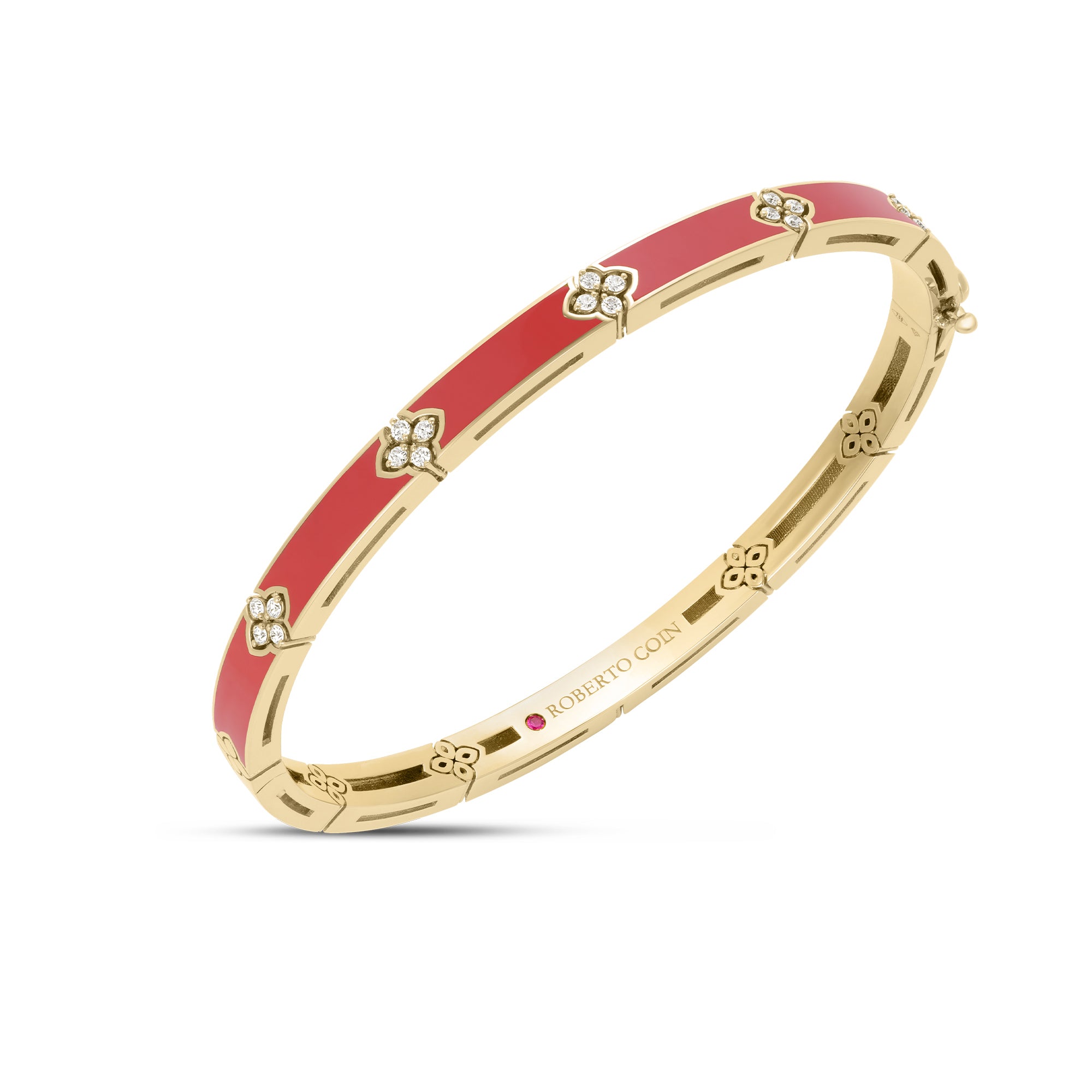 Roberto Coin 18k Yellow Gold Love In Verona Coral Enamel And Diamond Bangle