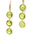 18K yellow gold drop earrings featuring bezel-set, rose-cut round peridot gemstones arranged in a continuous line with hook posts set with diamonds. Displayed on a white background.