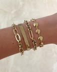 A close-up of a person's wrist wearing four gold-toned bracelets, including a snake chain, a link chain, a disc charm bracelet, and a textured chain.