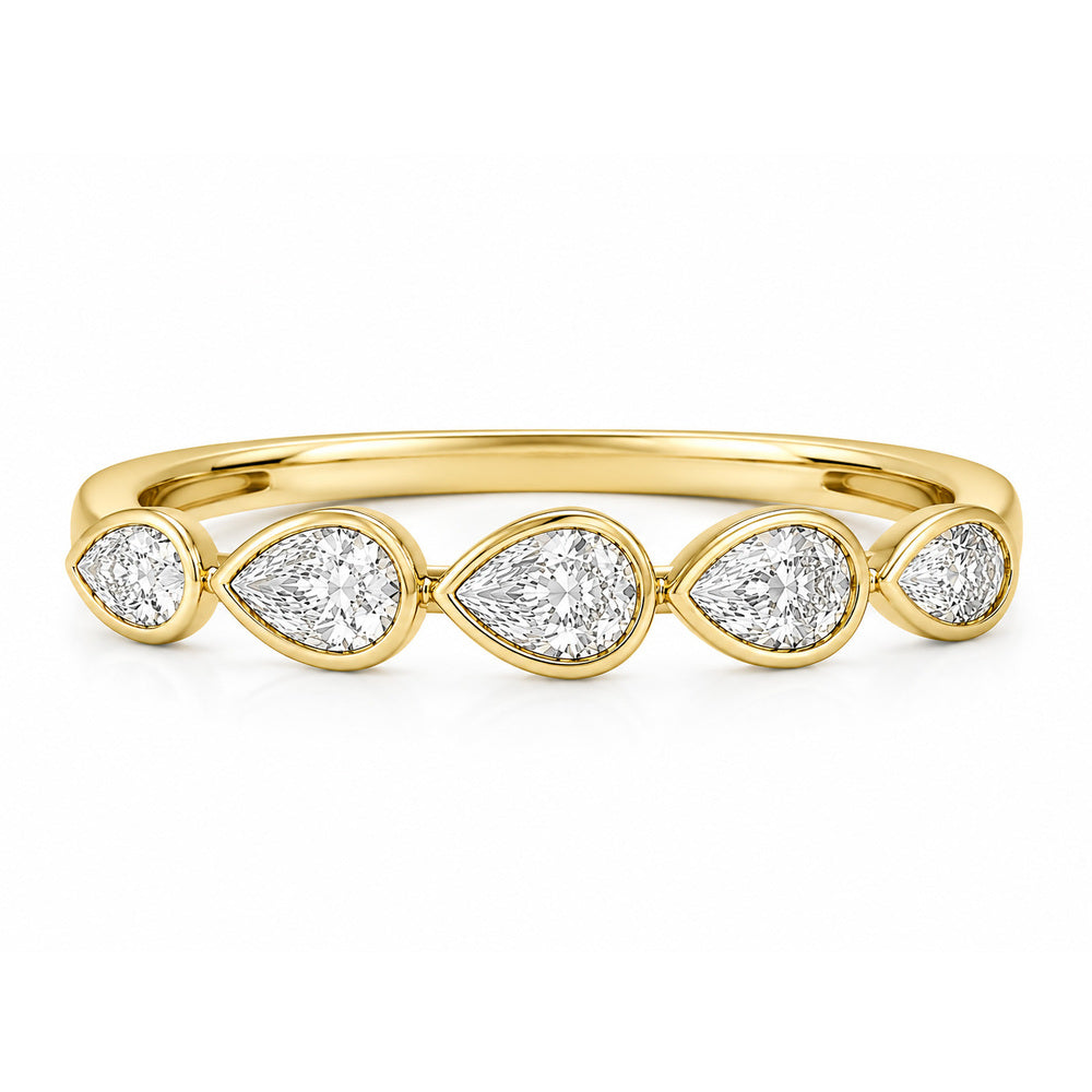This 18k yellow gold band features five bezel set pear diamonds that total 1.01ctw. This ring measures as a size 6.5.