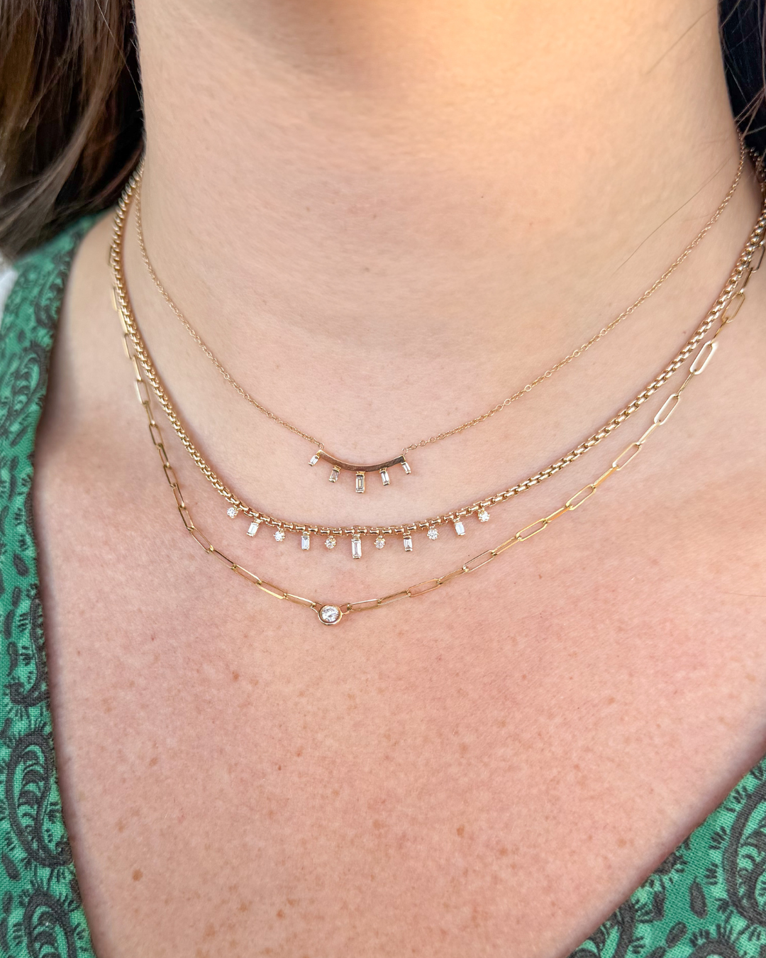 Alternating Baguette and Round Diamond Box Chain Necklace, 0.26ctw