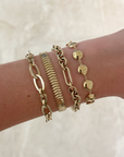A close-up of a person's wrist wearing four gold-toned bracelets, including a snake chain, a link chain, a disc charm bracelet, and a textured chain.