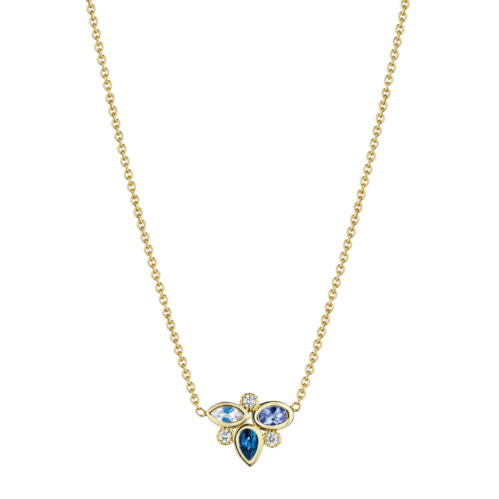 Moonstone, Blue Sapphire, Tanzanite, and Diamond Cluster Necklace