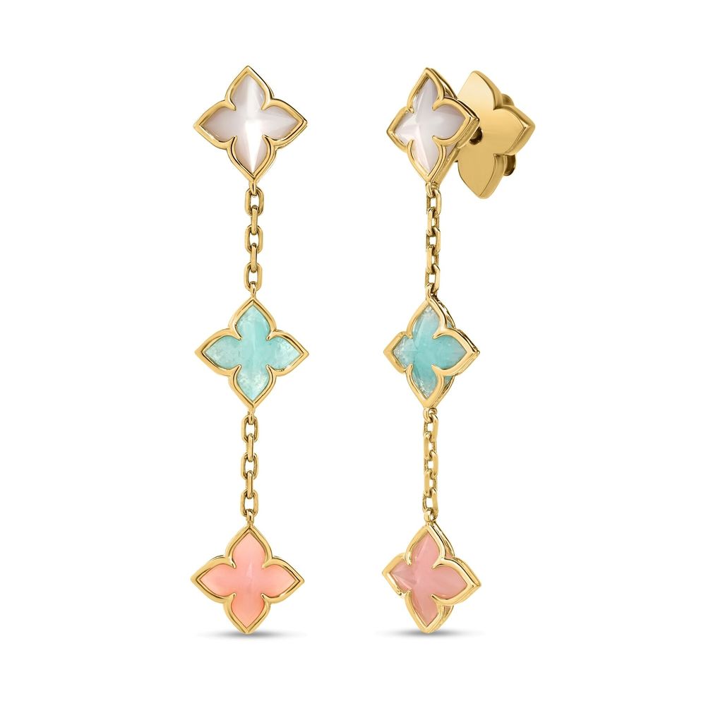 These 18k yellow gold drop earrings from the Venetian Princess collection by Roberto Coin each feature three flower bezel set stations with amazonite, mother of pearl, and opal stones that total 3.00ctw