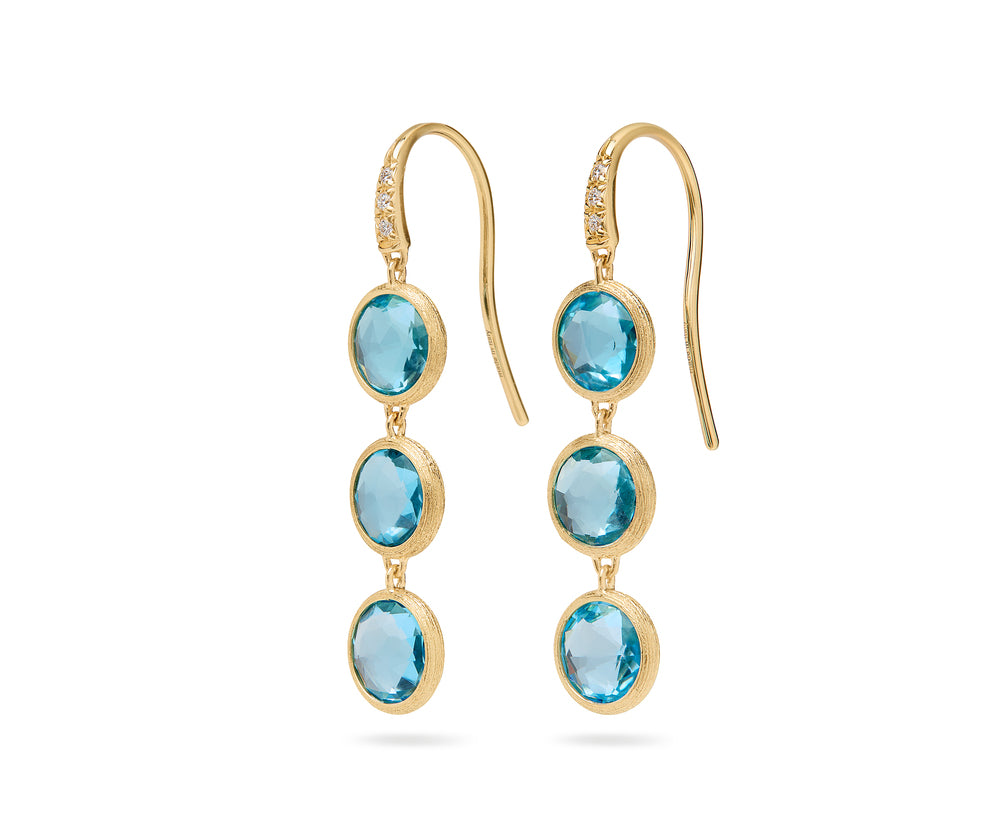 18K yellow gold drop earrings featuring bezel-set, rose-cut round blue topaz gemstones arranged in a continuous line with hook posts set with diamonds. Displayed on a white background.