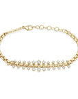 This 14k yellow gold bracelet from Zoe Chicco features graduating prong set diamonds that total 0.80ctw with a box chain that measures 6 inches with an extender chain to 7 inches. Shown on a white background.