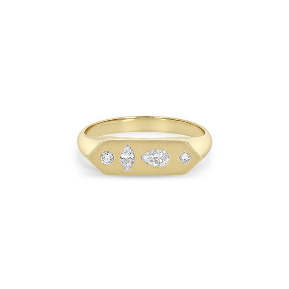Matte Hexagon Bar Diamond Signet Ring, 0.23ctw