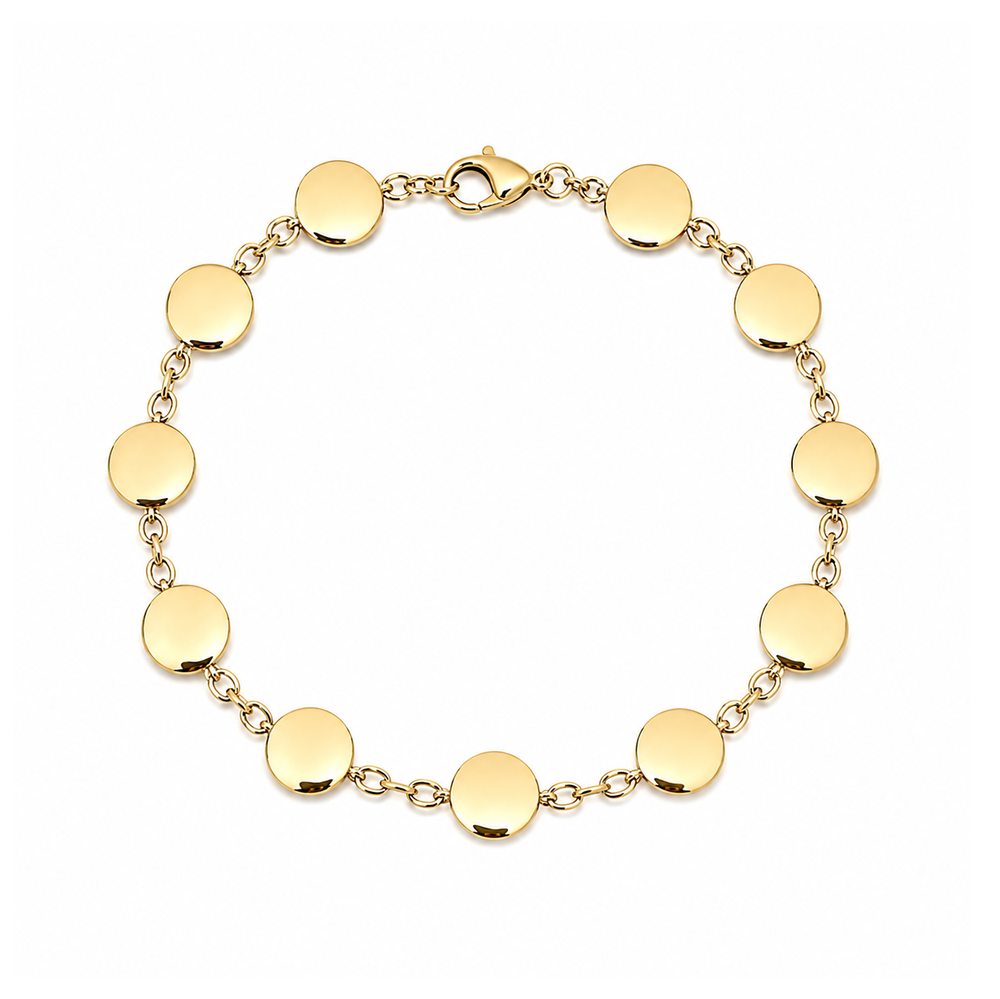 Polished yellow gold bracelet featuring flat round discs connected by short chain links with a lobster clasp.