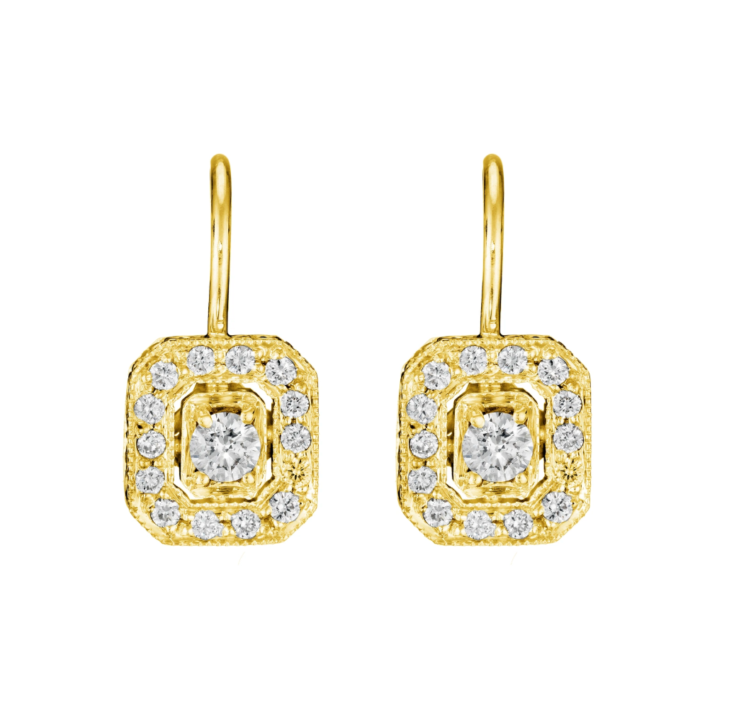 These 18k yellow gold earrings from Penny Preville feature round diamonds that total 0.52ctw set in the shape of an emerald cut. The illusion earrings hand from a french wire as a drop earring.