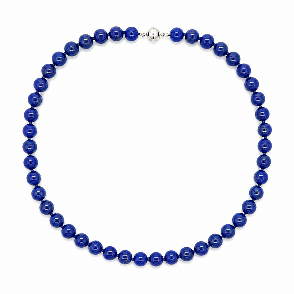 This necklace features lapis beads that measure 8mm in diameter each. This 18 inches strand is finished with a sterling silver magnetic clasp.