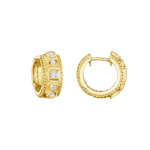 These 18k yellow gold huggie hoop earrings from the Amulet collection by Penny Preville feature round diamonds, bezel set in the shape of circle and squares, that total 0.42ctw.
