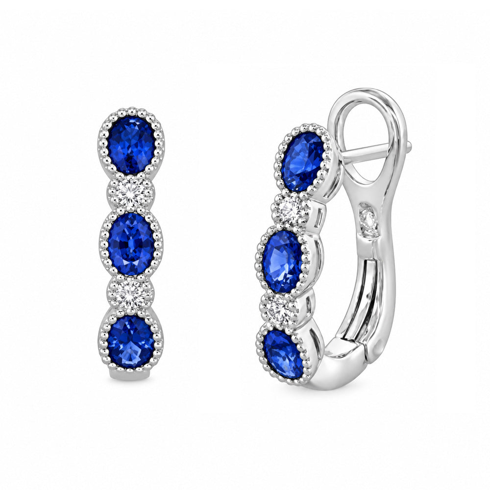 Milgrain Bezel Set Sapphire &amp; Diamond Hoop Earrings