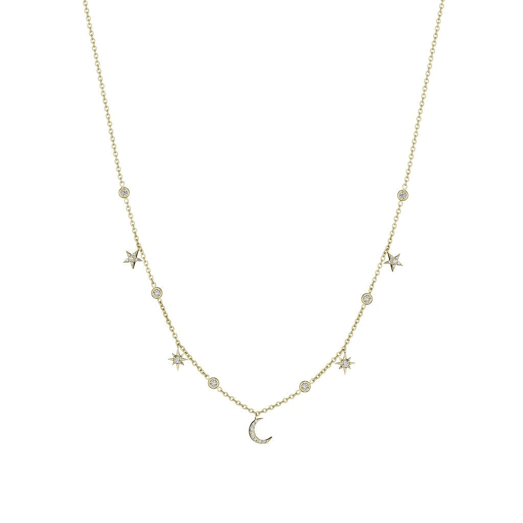 Moon &amp; Star Diamond Station Necklace