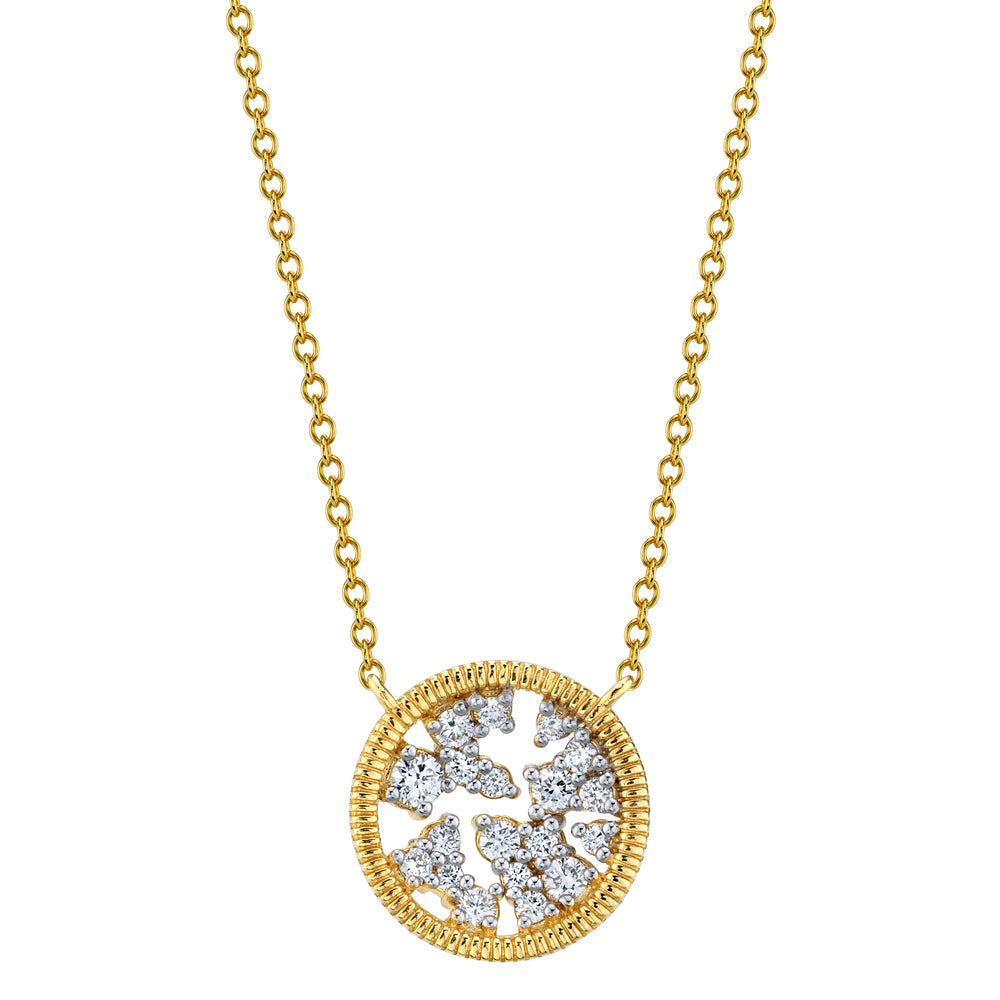 This 18k yellow gold necklace from Sloane Street features a small disk of floating scattered 0.35ctw round diamonds and a 16-18in adjustable chain.