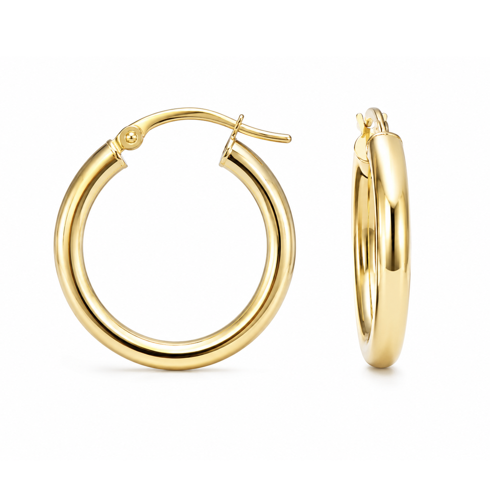 These 14k yellow gold hoop earrings measure 1.25 inches in diameter and 3mm thick.