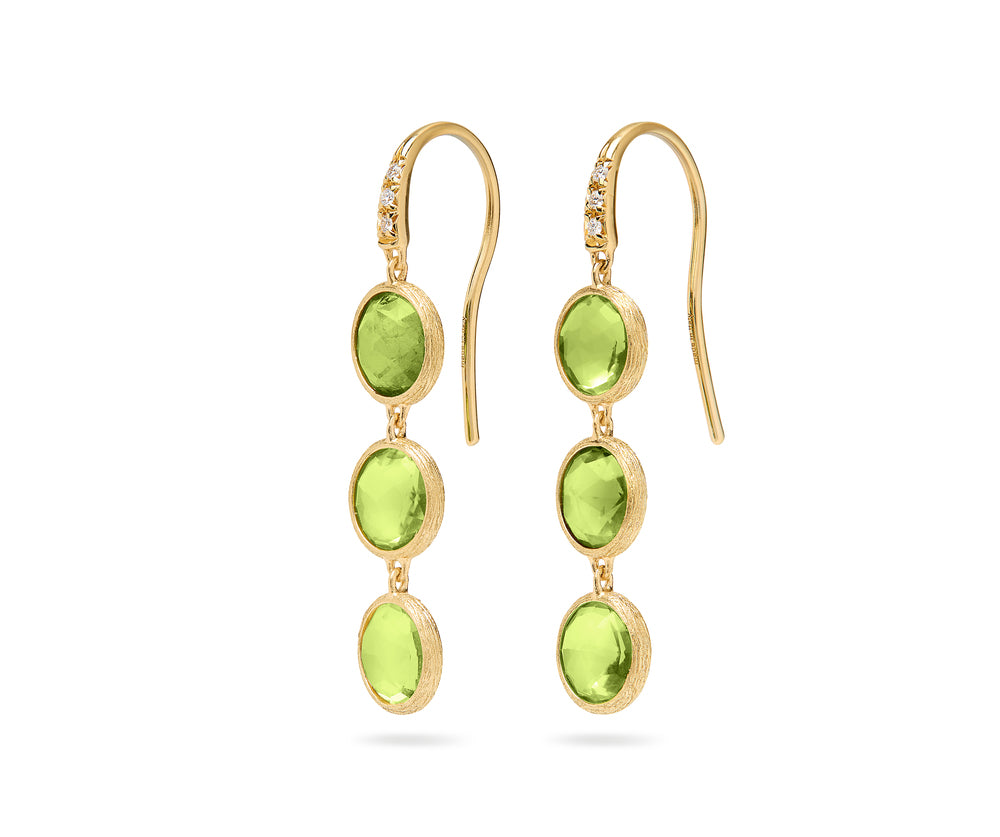 18K yellow gold drop earrings featuring bezel-set, rose-cut round peridot gemstones arranged in a continuous line with hook posts set with diamonds. Displayed on a white background.