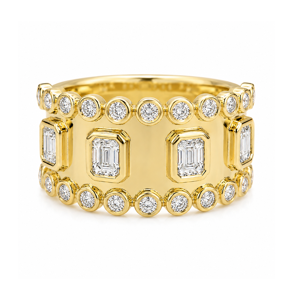 This thick band features four bezel set emerald cut diamonds in the center that total 1.10ctw with bezel set round diamonds set on the outside of the band that total 0.40ctw. This band measures as a size 6.5.