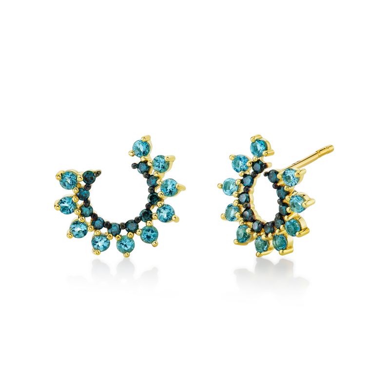 These 18k yellow gold earrings from Sloane Street Jewelry feature 20 swiss blue topaz stones that total 0.93ctw with 20 round blue diamonds that total 0.30ctw.