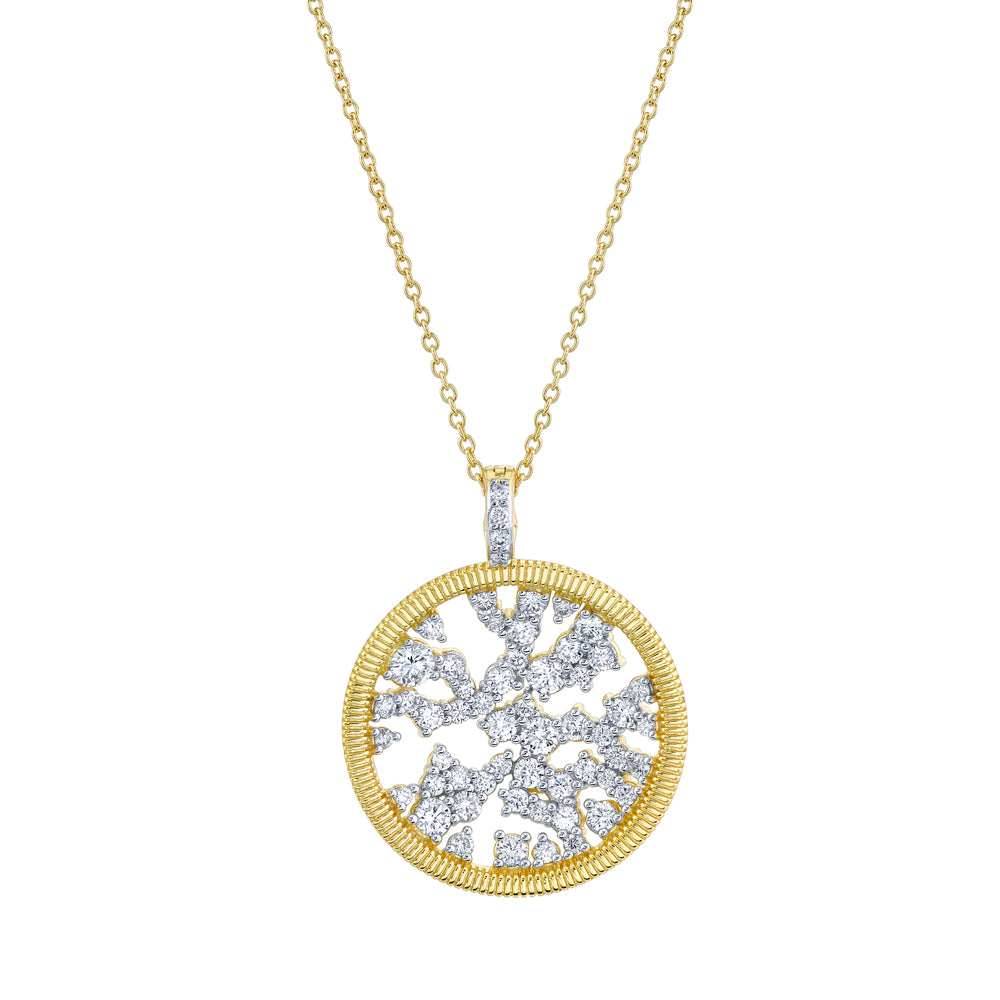 This 18k yellow gold necklace from Sloane Street features a large disk of floating 1.17ctw round diamonds and a 16-18in adjustable chain.