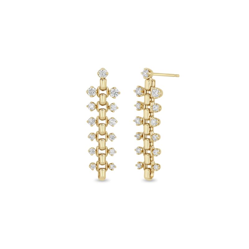 These 14k yellow gold earrings feature a box chain with prong set diamonds that graduate in size and total 0.76ctw. Shown on a white background.