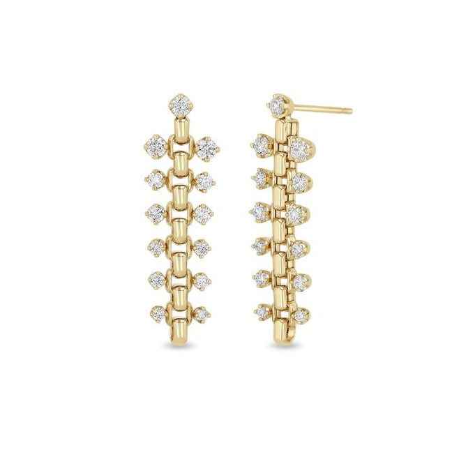 These 14k yellow gold earrings feature a box chain with prong set diamonds that graduate in size and total 0.76ctw.