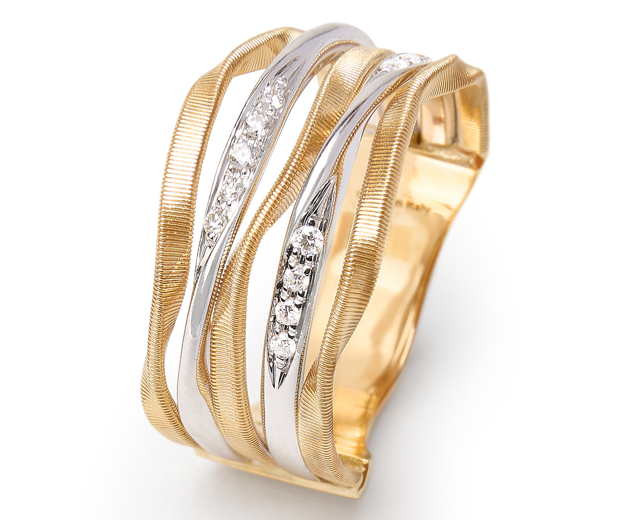 18k Yellow Gold Five Row Coil Ring with Diamond Strands