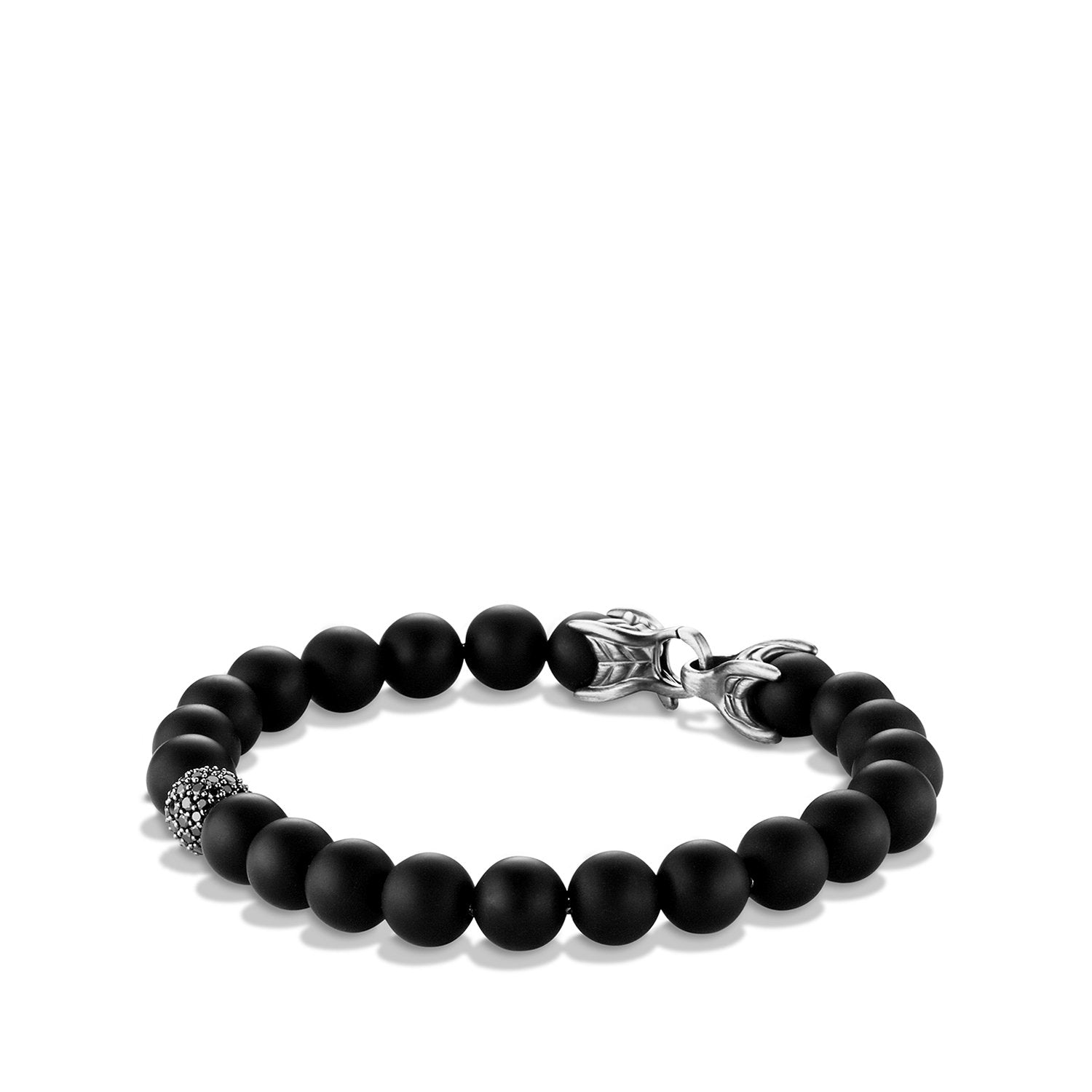 8 Mm Spiritual Beads Bracelet In Sterling Silver With Black Onyx And Black Diamond Station