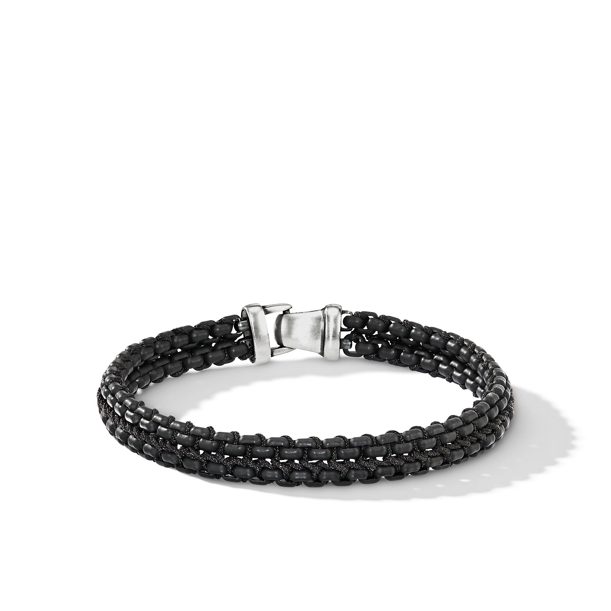 Woven Box Chain Bracelet In Sterling Silver With Black Stainless Steel And Black Nylon 10mm