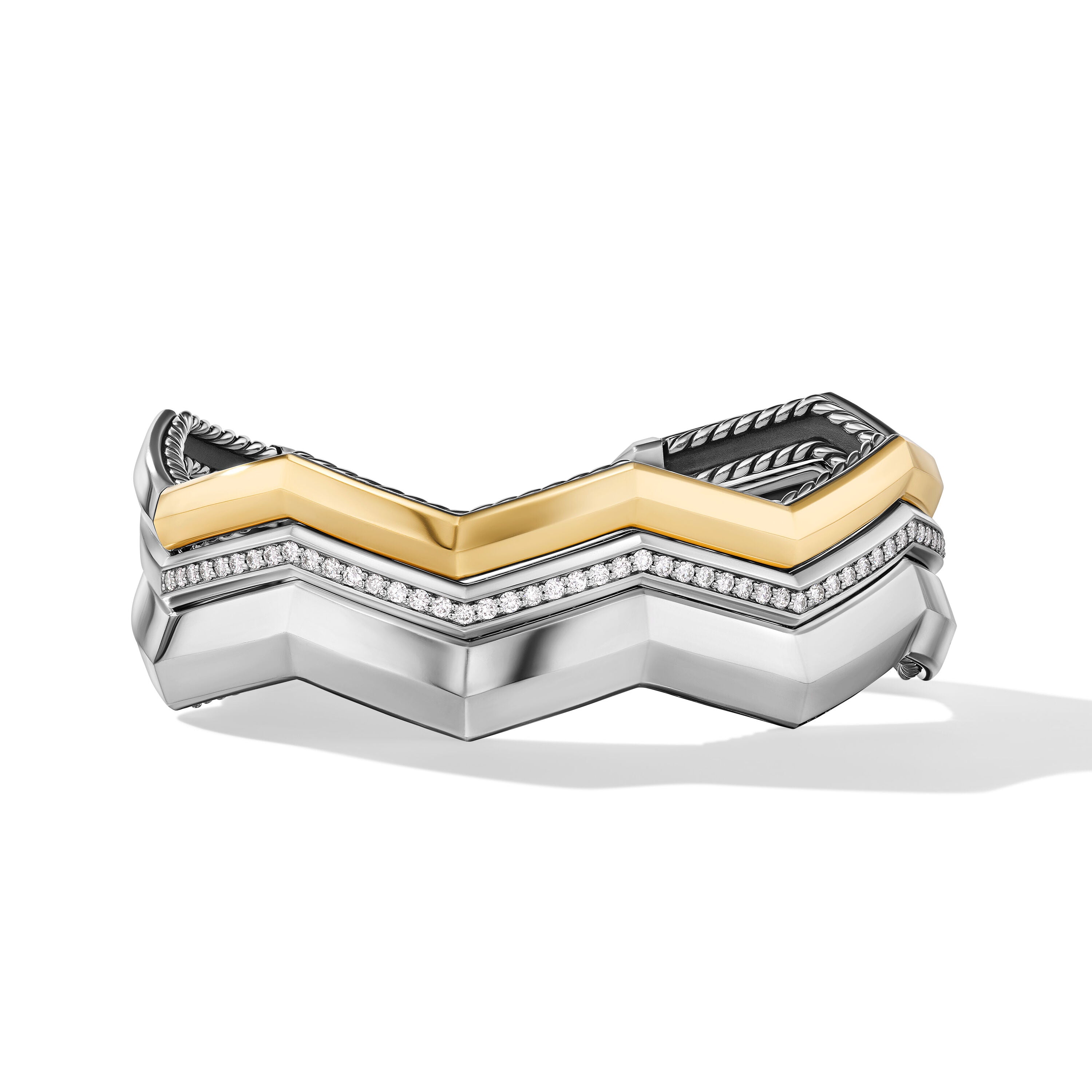 Zig Zag Stax Three Row Cuff Bracelet In Sterling Silver With 18k Yellow Gold And Diamonds 17.4mm