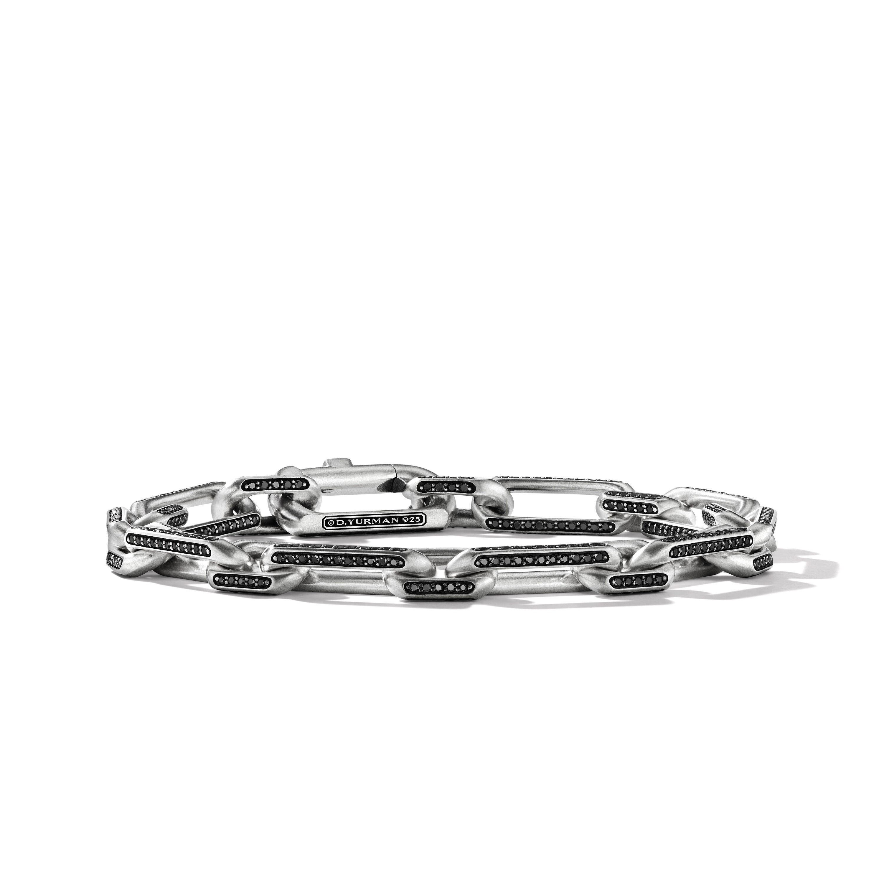 Elongated Open Link Chain Bracelet In Sterling Silver With Black Diamonds 8mm